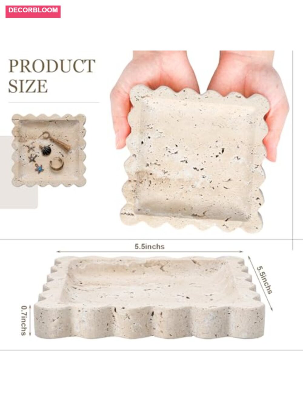 Natural Travertine Jewelry Dish Tray Scalloped Marble Ring Holder Perfume - Picture 2 of 6